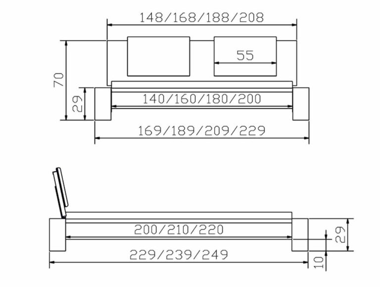 Technische Zeichnung des Hasena Bettes "Oak-Wild Cortina 2" mit Vorder- und Seitenansicht, mit den Maßen in cm: Breite 148-208 cm, Länge 200-220 cm, Kopfteilhöhe 70 cm, plus Lattenrost und Matratzentiefe.