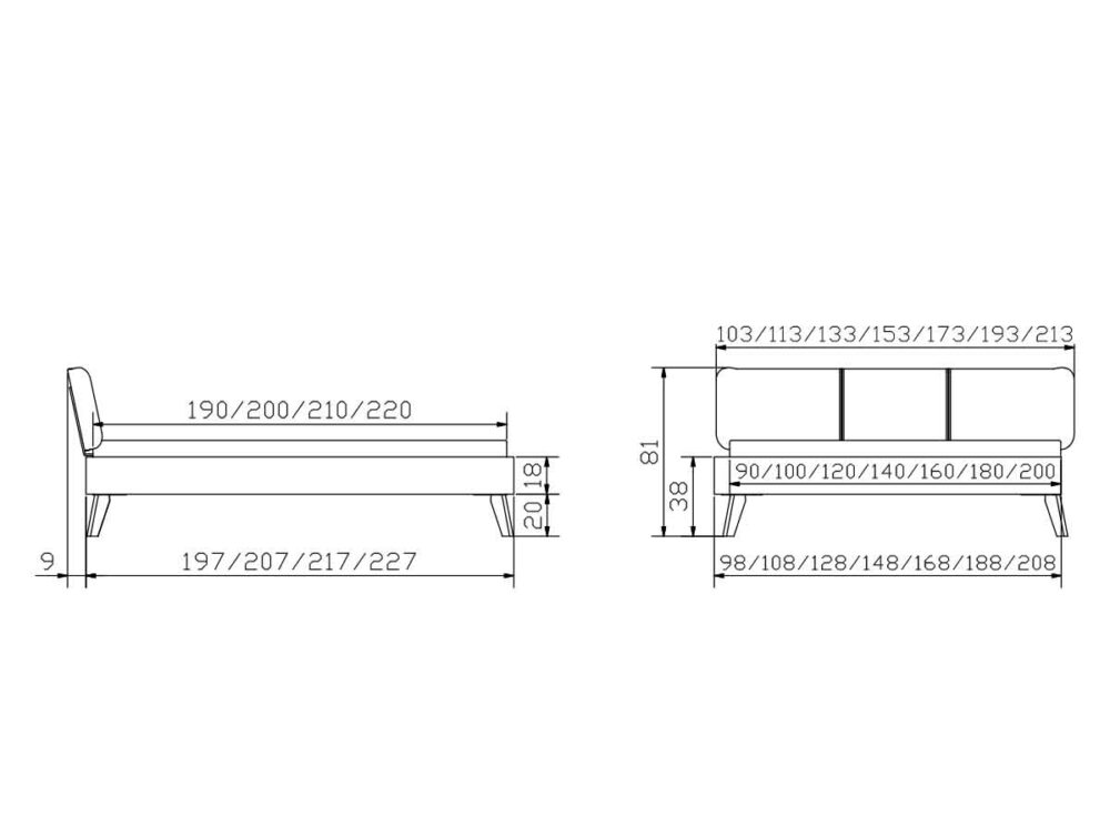 Technische Zeichnung eines Bettes, dargestellt von der Seite und von vorne, mit detaillierten Abmessungen in Zentimetern für Länge, Breite und Höhe, einschließlich der Abmessungen von Matratze und Rahmen.
