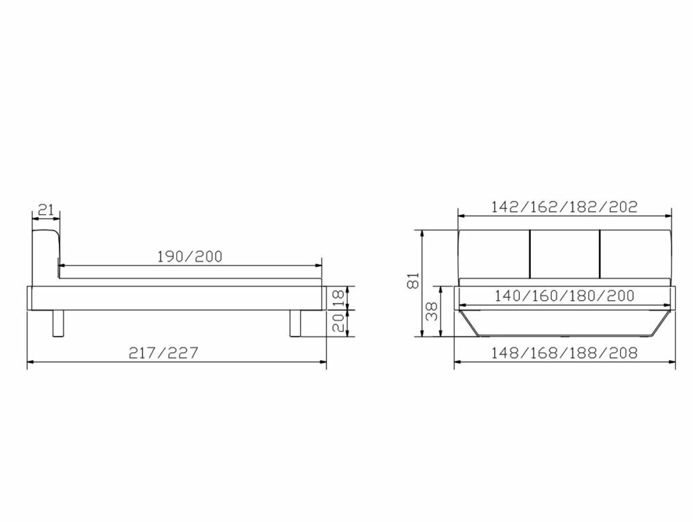 Technische Zeichnung des Hasena Bett "Oak-Wild Cadro 18 Slid 2" Bettrahmens: Seitenansicht zeigt Längen 217/227 cm, Höhen 21/81 cm; Vorderansicht zeigt Breiten 148-208 cm und Bettlängen 190/200 cm.