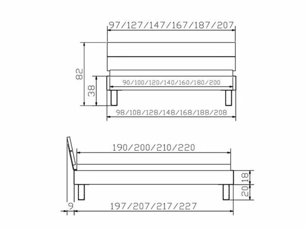 Technische Zeichnung des Hasena Bett "Top-Line Advance Mico 1" Bettrahmens mit Angabe der Breite (97-227 cm), Länge (190-220 cm) und Höhe (38 cm) in Zentimetern; mit Vorder- und Seitenansicht.