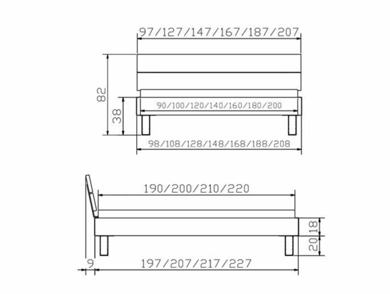 Technische Zeichnung des Hasena Bett "Top-Line Advance Mico 1" Bettrahmens mit Angabe der Breite (97-227 cm), Länge (190-220 cm) und Höhe (38 cm) in Zentimetern; mit Vorder- und Seitenansicht.