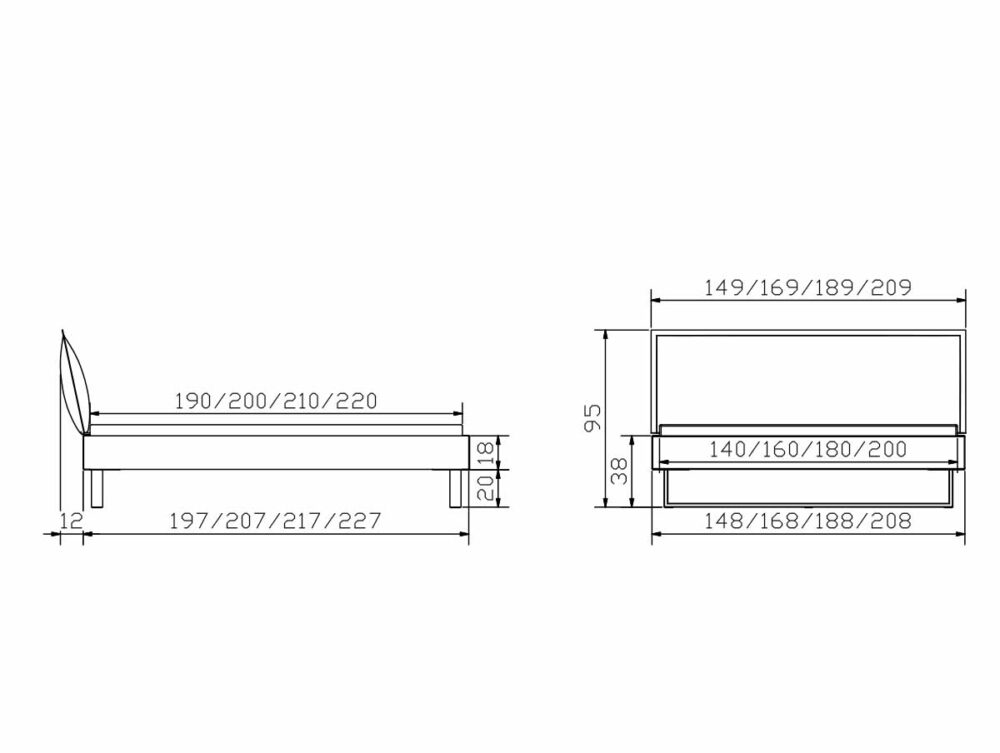 Die technische Zeichnung des Hasena Bettes "Top-Line Advance Indus" zeigt Seiten- und Vorderansichten mit deutlich beschrifteten Längen-, Breiten-, Betthöhen- und Schubladenmaßen in Zentimetern.