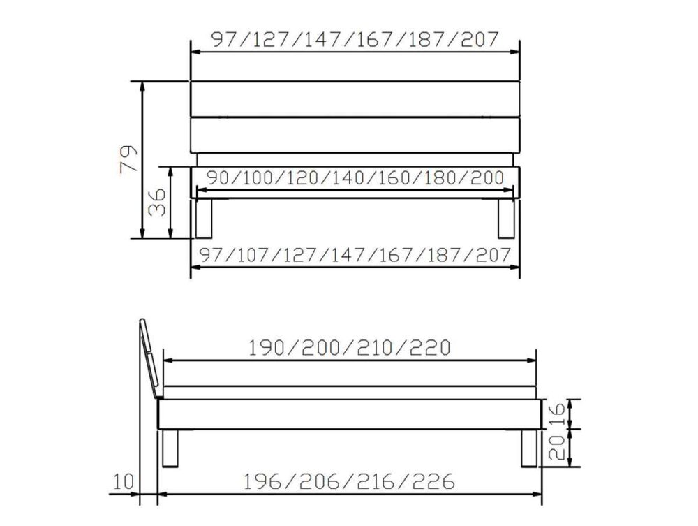 Technische Zeichnung des Hasena Bettes "Wood-Line Classic Cantu 2" mit Front- und Seitenansicht, mit Breite (97-207 cm), Höhe (79 cm), Länge (190-220 cm) und anderen Abmessungen in Zentimetern.