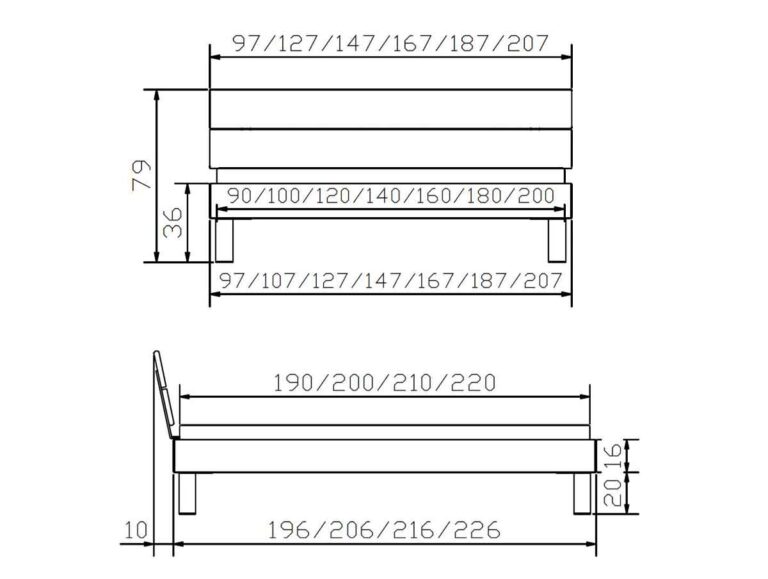 Technische Zeichnung des Hasena Bettes "Wood-Line Classic Cantu 2" mit Front- und Seitenansicht, mit Breite (97-207 cm), Höhe (79 cm), Länge (190-220 cm) und anderen Abmessungen in Zentimetern.
