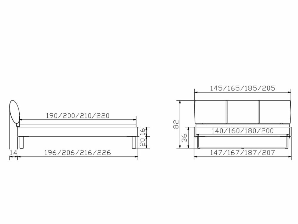 Technische Zeichnung des Hasena Bettes "Wood-Line Classic Indus" mit Seiten- und Vorderansicht und beschrifteten Maßen in Zentimetern: Bettlänge, Breite, Höhe vom Boden und Kopfteilhöhe für verschiedene Größen.