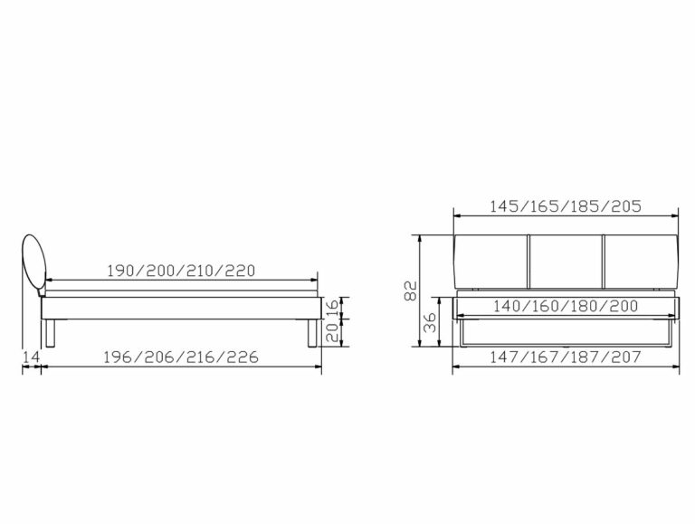 Technische Zeichnung des Hasena Bettes "Wood-Line Classic Indus" mit Seiten- und Vorderansicht und beschrifteten Maßen in Zentimetern: Bettlänge, Breite, Höhe vom Boden und Kopfteilhöhe für verschiedene Größen.