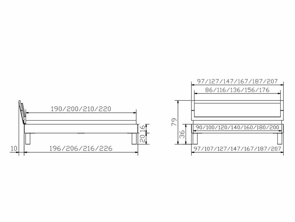 Technische Zeichnung von Hasena Bett "Wood-Line Classic Cantu 3" mit Vorder- und Seitenansicht, mit Angabe von Breite, Länge, Höhe, Sitzhöhe und Rückenlehnenhöhe in Zentimetern für verschiedene beschriftete Größen.