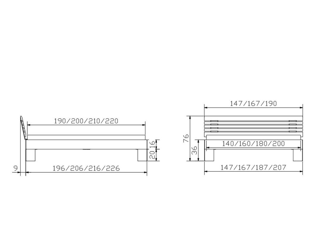 Technische Zeichnung in Schwarz-Weiß der Hasena Bett "Wood-Line Classic Massa" Bank, mit Vorder- und Seitenansicht und deutlich beschrifteten Längen-, Breiten- und Höhenmaßen in Zentimetern.