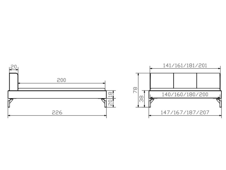 Strichzeichnung eines Sofas mit folgenden Maßen in Zentimetern: Länge 226, Sitzlänge 200, Höhe 78, Armlehnenhöhe 61, Tiefe 84, und verstellbare Breiten von 141 bis 201 und Tiefen von 147 bis 207.