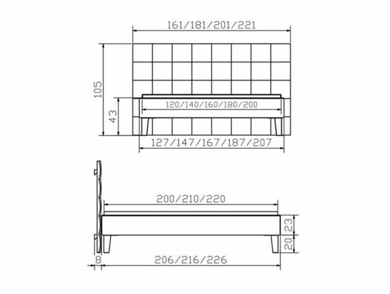 Technische Zeichnung eines Bettes mit Vorder- und Seitenansicht. Die Abmessungen sind wie folgt beschriftet: Breite 161/181/201/221 cm, Höhe 105 cm, Bettbreite 120/140/160/180/200 cm, Länge 206/216/226 cm und Sockelhöhe 20 cm.