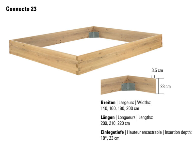 Ein rechteckiger Gartenbettrahmen aus Holz mit Schwalbenschwanzverbindungen und einem Eckbeschlag aus Metall, der die Handwerkskunst des Hasena Bettes "Naturo-Line Connecto 23 Gola 1" widerspiegelt, dargestellt vor einem weißen Hintergrund.