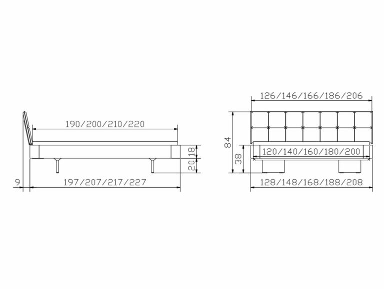 Technische Zeichnung des Hasena Bett "Oak-Line Modul Cora" Bettrahmens mit beschrifteter Breite (190-220 cm), Länge (197-227 cm), Kopfteilhöhe (84 cm) und Betthöhe (38 cm). Front- und Seitenansichten zeigen alle Maße.