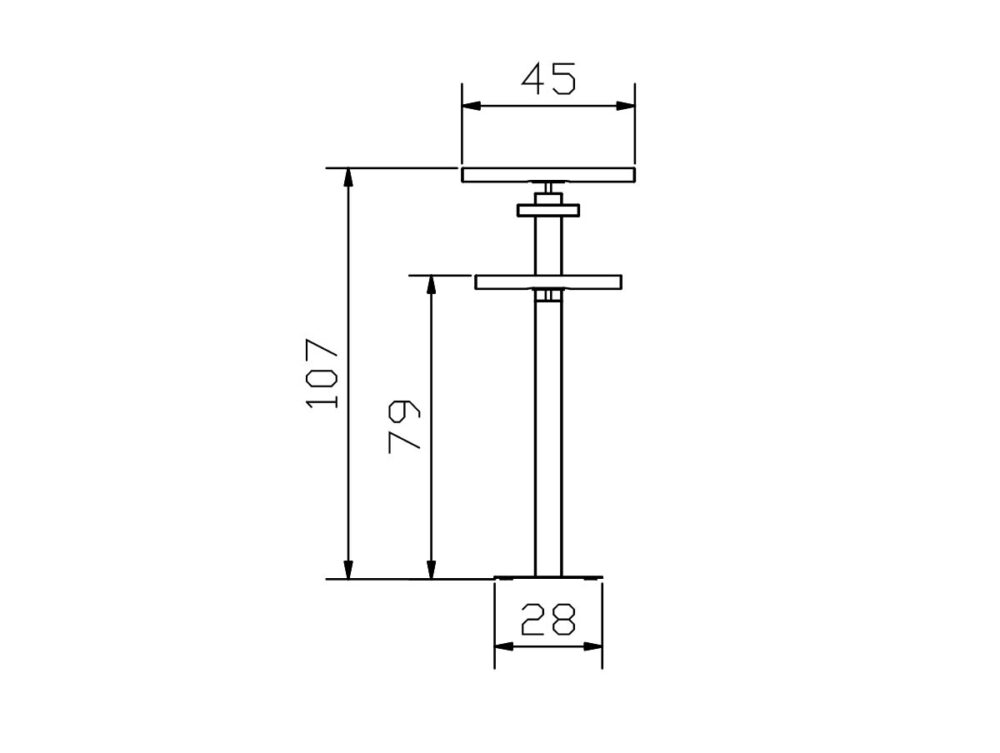 Technische Zeichnung eines vertikalen Objekts mit beschrifteten Maßen: 107 Einheiten hoch, 79 Einheiten von der Basis bis zur Unterseite des oberen Teils, 45 Einheiten breit an der Oberseite und 28 Einheiten breit an der Basis.