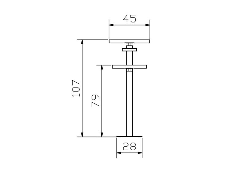 Technische Zeichnung eines vertikalen Objekts mit beschrifteten Maßen: 107 Einheiten hoch, 79 Einheiten von der Basis bis zur Unterseite des oberen Teils, 45 Einheiten breit an der Oberseite und 28 Einheiten breit an der Basis.