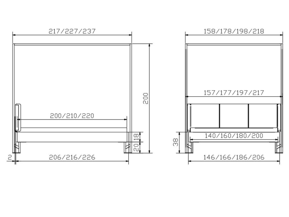 Technische Zeichnung eines rechteckigen Objekts mit Vorder- und Seitenansicht, beschriftet mit verschiedenen Breiten- und Höhenmaßen in Zentimetern, darunter 217/227/237, 158/178/198/218 und Höhen von 200 und 210/220.