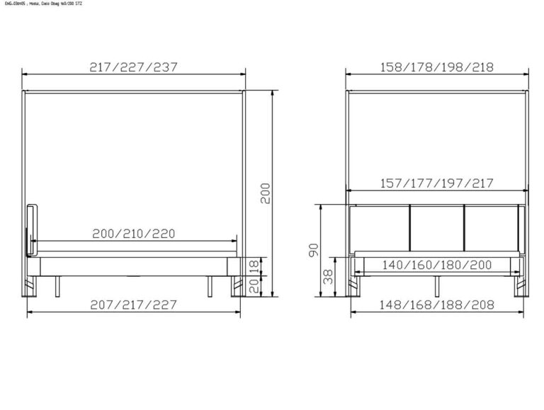 Technische Zeichnung einer rechteckigen Struktur mit beschrifteten Abmessungen in Zentimetern. Es werden zwei Ansichten gezeigt: eine von vorne und eine von der Seite, jeweils mit Angabe mehrerer Höhen- und Breitenmaße.