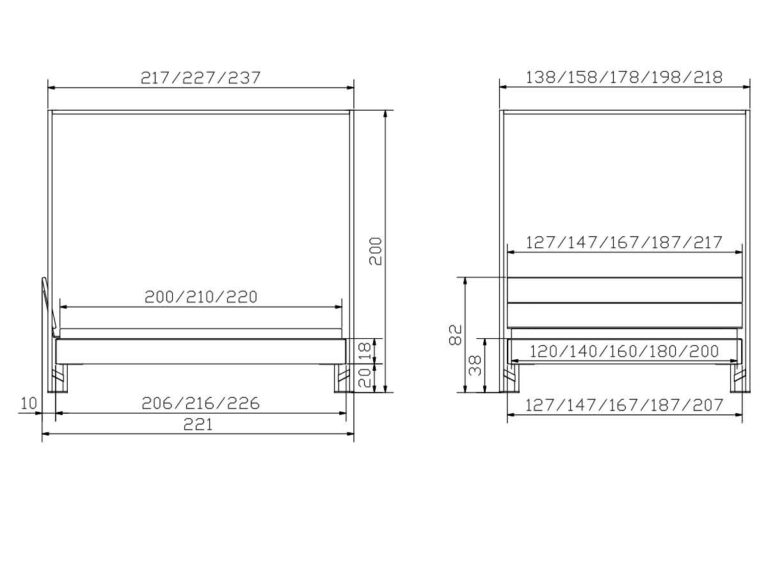 Die technische Zeichnung des Hasena Bettes "Wood-Line Premium 18 Cielo" zeigt einen rechteckigen Rahmen mit Breitenoptionen von 217, 227 oder 237 cm, einer Höhe von 200 cm und einer Tiefe von 206 bis 220 cm. Verschiedene Seiten- und Bodenmaße sind beschriftet.