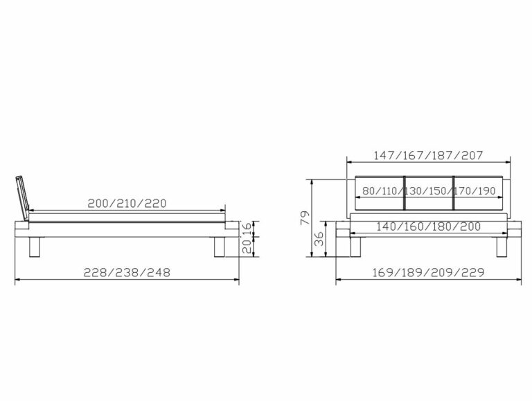 Zeichnung einer Bank, die von der Hasena Bett "Factory-Line Bloc Ivio" inspiriert ist und das schlichte, industrielle Design und die moderne Eleganz des Produkts zeigt.
