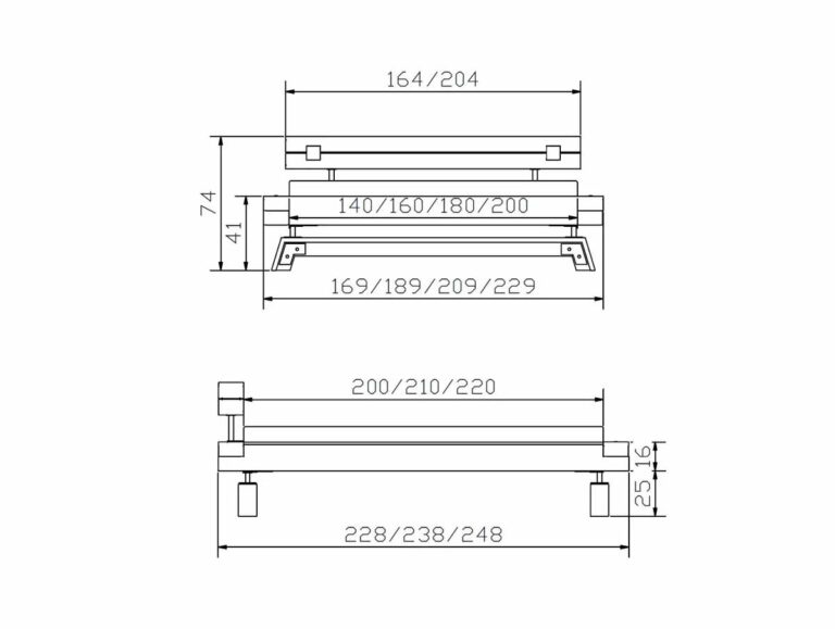 Technische Zeichnung der Hasena Bett "Factory-Line Bloc Stabil 3" Rechteckbank mit beschrifteten Millimetermaßen für Breite (164/204), Höhe (74), Innenbreite (140-229) und Gesamtlänge (228-248) in Vorder- und Seitenansicht.