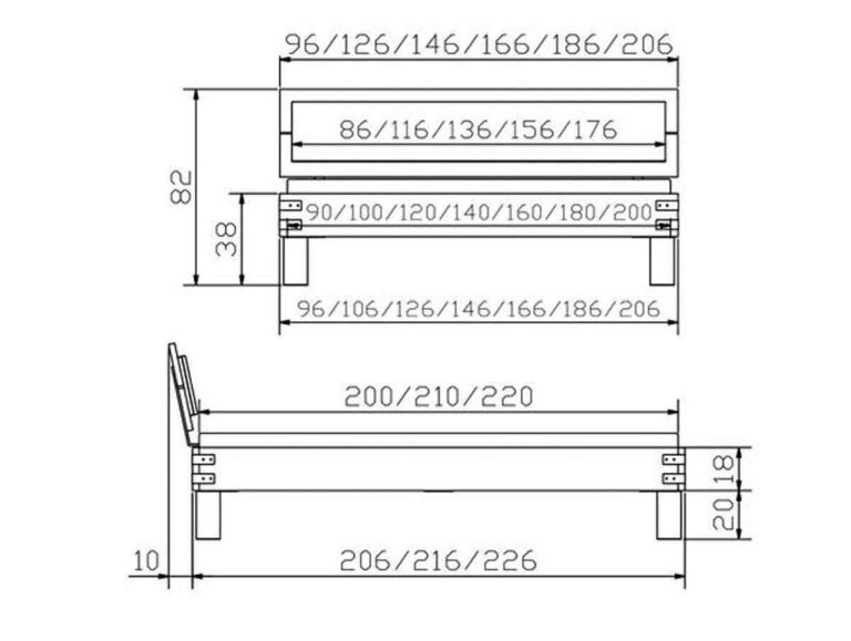 Technische Zeichnung des Hasena Bettes "Factory-Line Loft Ivio 1" mit Vorder- und Seitenansicht, mit Breiten- und Längenmaßen in Zentimetern, sowie Kopfteilhöhe, Rahmenhöhe und Matratzenfläche.