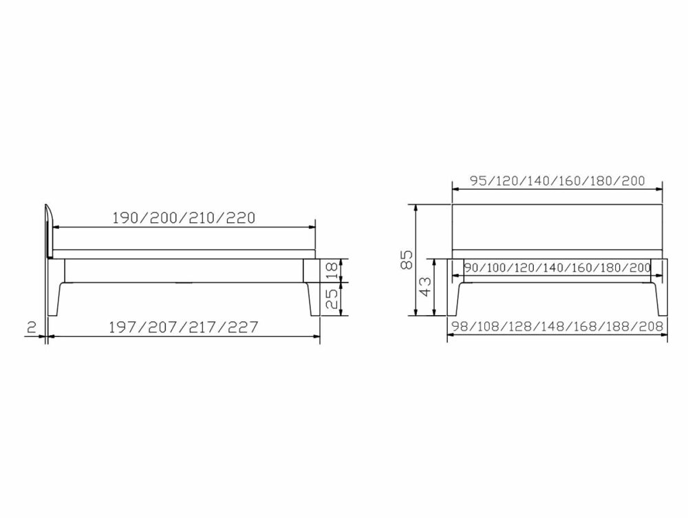 Technische Zeichnung des Hasena Bett "Oak-Line Modul Xylo 2" Bettrahmens mit Vorder- und Seitenansicht, beschriftet mit Breite, Länge und Höhe in cm, mit Maßen von 95 bis 227 cm.