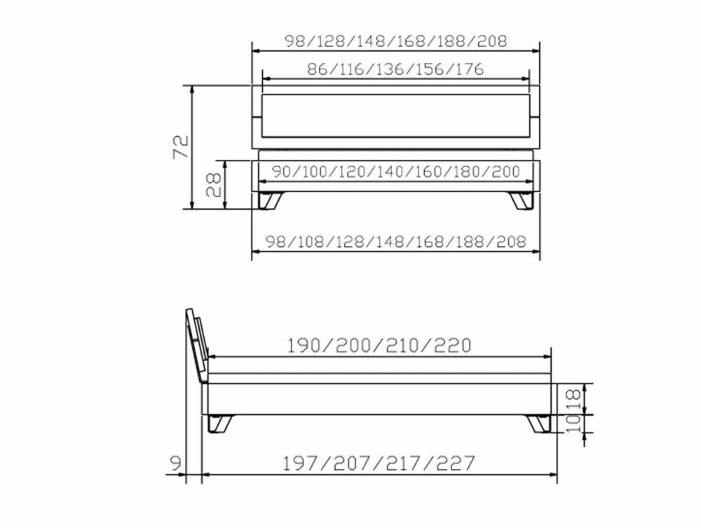 Technische Zeichnung des Hasena Bettes "Eiche-Vintage Cadro 18 Jeno 2" mit Vorder- und Seitenansicht, mit allen Teilmaßen: Breite 98-208 cm, Länge 190-220 cm und Höhe 72 cm.