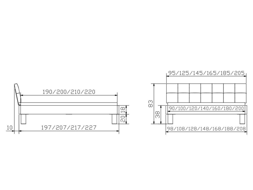 Technische Zeichnung des Hasena Bettes "Oak-Vintage Cadro 18 Ivio" mit Abmessungen in Zentimetern; Seiten- und Vorderansicht zeigen verschiedene Längen, Breiten und Höhen von 38 cm (Sockel) und 83 cm (Kopfteil), mit einem rechteckigen Sockel-Design.