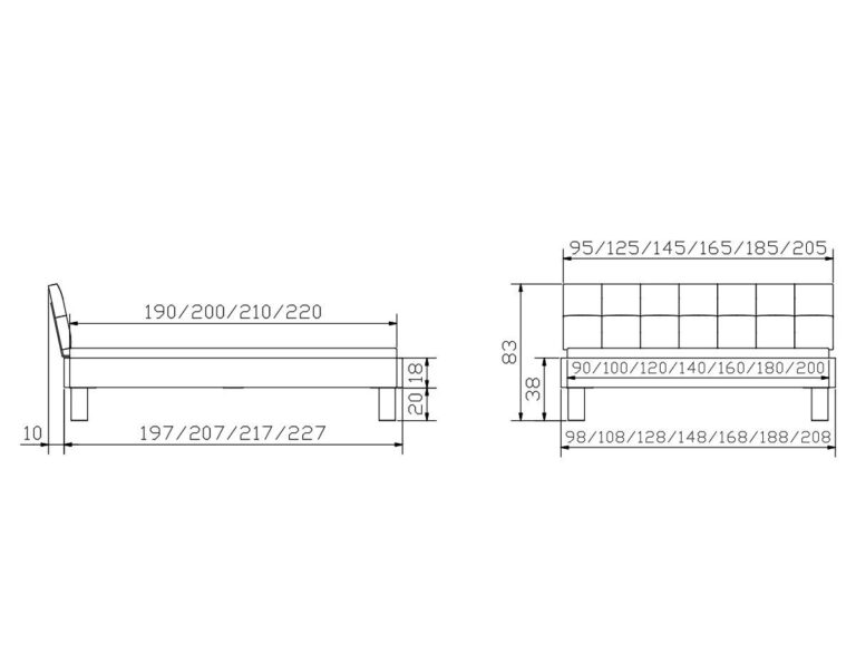 Technische Zeichnung des Hasena Bettes "Oak-Vintage Cadro 18 Ivio" mit Abmessungen in Zentimetern; Seiten- und Vorderansicht zeigen verschiedene Längen, Breiten und Höhen von 38 cm (Sockel) und 83 cm (Kopfteil), mit einem rechteckigen Sockel-Design.
