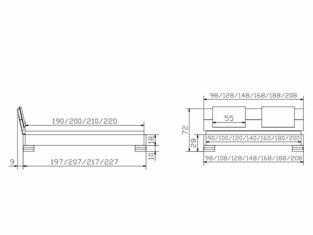 Technische Zeichnung des Hasena Bettes "Oak-Wild Cadro 18 Onito" mit Seiten- und Draufsicht mit Maßlinien und numerischen Längen- und Breitenmaßen in Zentimetern.