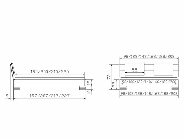 Technische Zeichnung des Hasena Bettes "Oak-Wild Cadro 18 Onito" mit Seiten- und Draufsicht mit Maßlinien und numerischen Längen- und Breitenmaßen in Zentimetern.