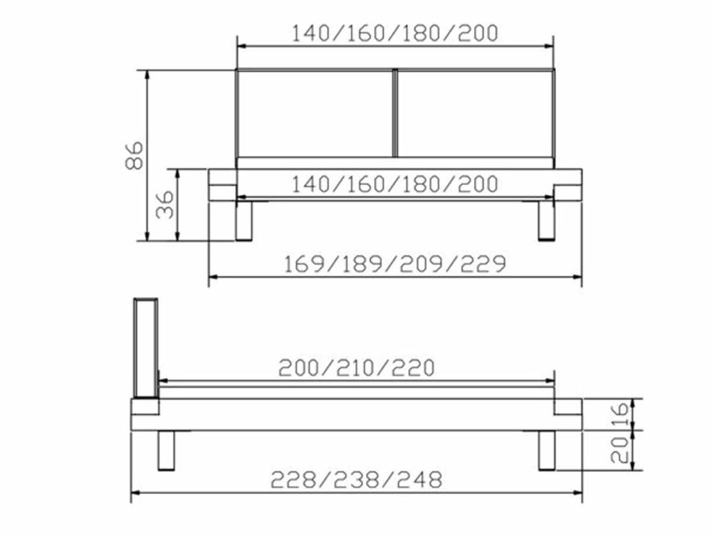 Strichzeichnung des Hasena Bett "Eiche-Wild Aosta Mico" mit den Maßen: Breiten 140/160/180/200 cm, Höhe 86 cm, Sitzhöhe 36 cm, Bettlängen 200/210/220 cm, Gesamtlängen 228/238/248 cm.