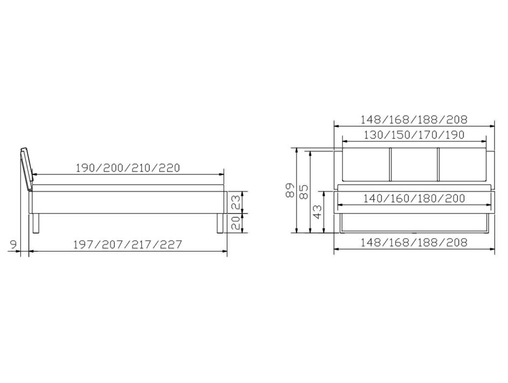 Technische Zeichnung des Hasena Bettes "Oak-Wild Cadro 23 Indus" mit Seiten- und Vorderansicht, mit detaillierten Maßen: Länge (197-227 cm), Breite (148-208 cm) und Kopfteilhöhe (89 cm).