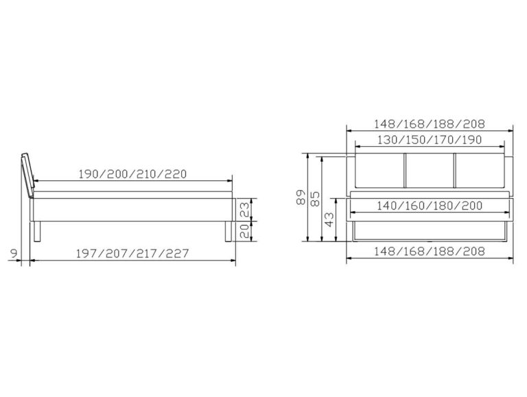 Technische Zeichnung des Hasena Bettes "Oak-Wild Cadro 23 Indus" mit Seiten- und Vorderansicht, mit detaillierten Maßen: Länge (197-227 cm), Breite (148-208 cm) und Kopfteilhöhe (89 cm).