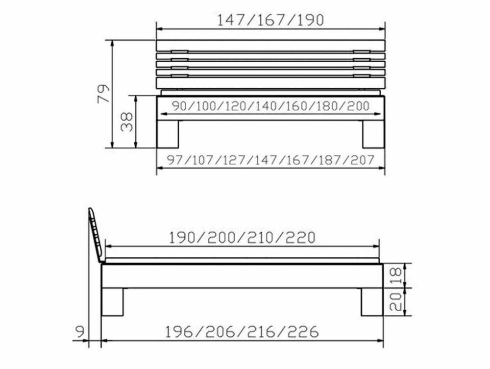 Technische Zeichnung der Hasena Bett "Wood-Line Premium 18 Massa" Bank mit beschrifteten Maßen in Zentimetern, mit Vorder- und Seitenansicht, einer Lattenrost-Sitzfläche und einer leicht abgewinkelten Rückenlehne.