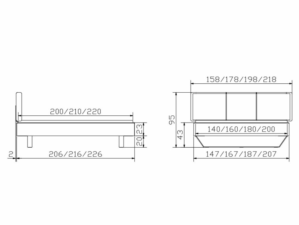 Technische Zeichnung eines Bettes mit Vorder- und Seitenansicht, mit Maßangaben in Zentimetern für Breite, Länge und Höhe. Mehrere Größenoptionen sind mit Werten für jede Abmessung angegeben.