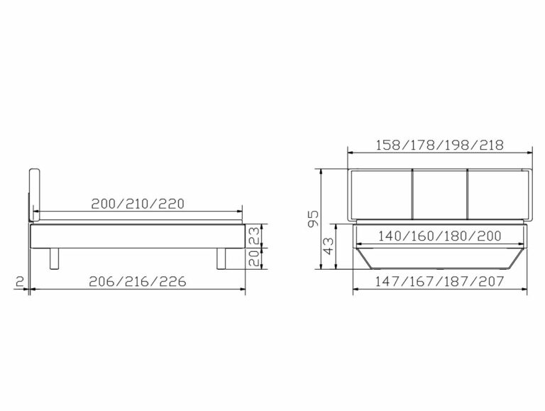 Technische Zeichnung eines Bettes mit Vorder- und Seitenansicht, mit Maßangaben in Zentimetern für Breite, Länge und Höhe. Mehrere Größenoptionen sind mit Werten für jede Abmessung angegeben.