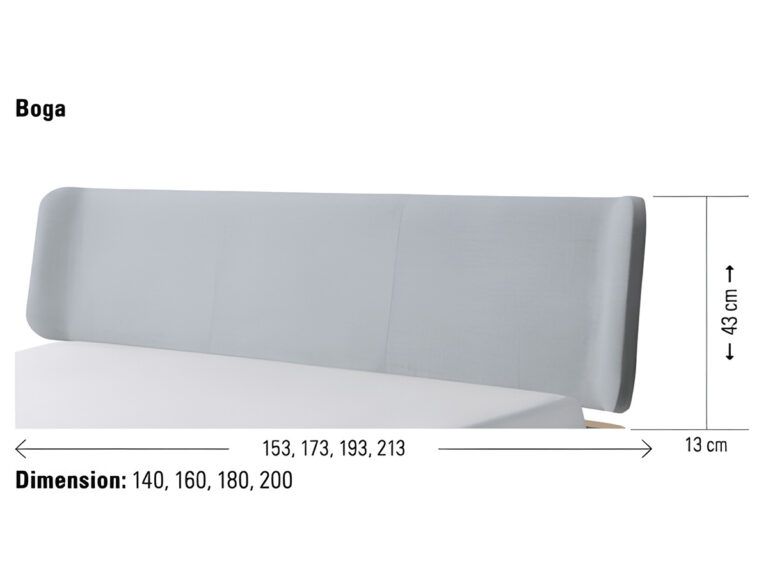 Hellgraues gepolstertes Kopfteil mit der Bezeichnung Boga, mit den Abmessungen: Höhe 43 cm, Dicke 13 cm und Breiten von 140, 160, 180 und 200 cm. Das Kopfteil hat leicht abgerundete Kanten.