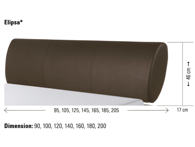 Ein braunes, zylindrisches Kopfteil mit der Aufschrift Elipsa ist auf einer weißen Fläche montiert. Abmessungen: 46 cm Höhe, 17 cm Tiefe und verfügbare Breiten von 95 cm bis 205 cm. Weitere Größen sind unten aufgeführt.