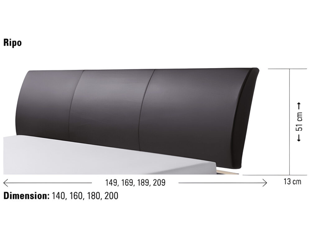 Ein modernes, geschwungenes schwarzes Kopfteil mit dem Namen Ripo über einem weißen Bett, mit folgenden Abmessungen: Breite wahlweise 140, 160, 180, 200 cm; Höhe 51 cm; Tiefe 13 cm.