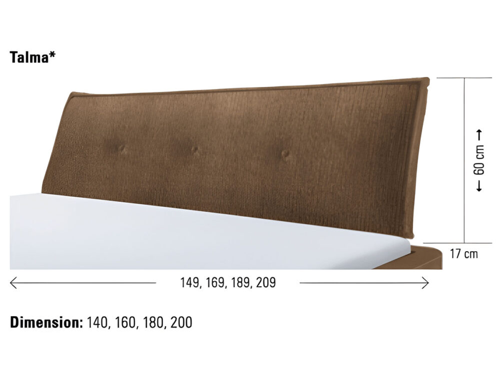 Schrägansicht eines braunen, gepolsterten Kopfteils namens Talma, das an einem Bett befestigt ist. Die Abmessungen des Kopfteils sind 60 cm hoch und 17 cm tief, mit Breiten von 149, 169, 189 und 209 cm. Abmessungen des Bettes: 140, 160, 180, 200 cm.