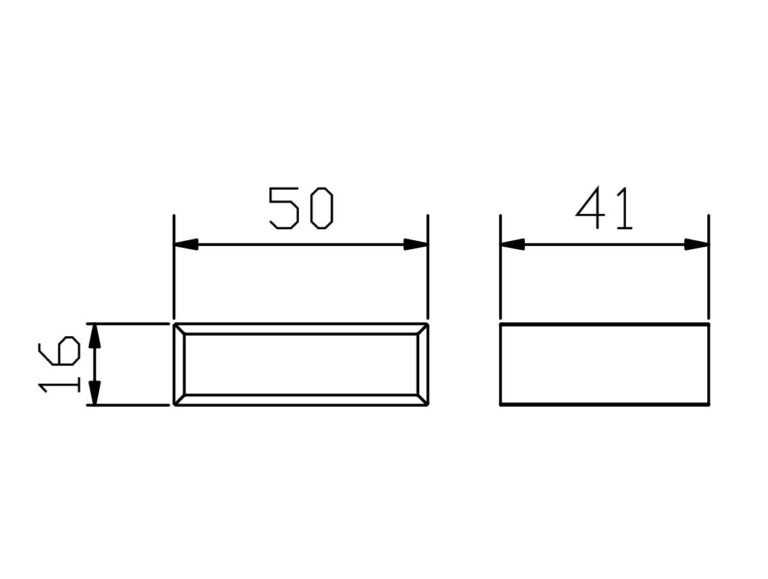 Zwei Rechtecke: das linke ähnelt einem Hasena Nachttisch "Akai" (50 cm breit, 16 cm hoch), während das rechte Rechteck 41 cm breit ist und keine Höhe angibt.