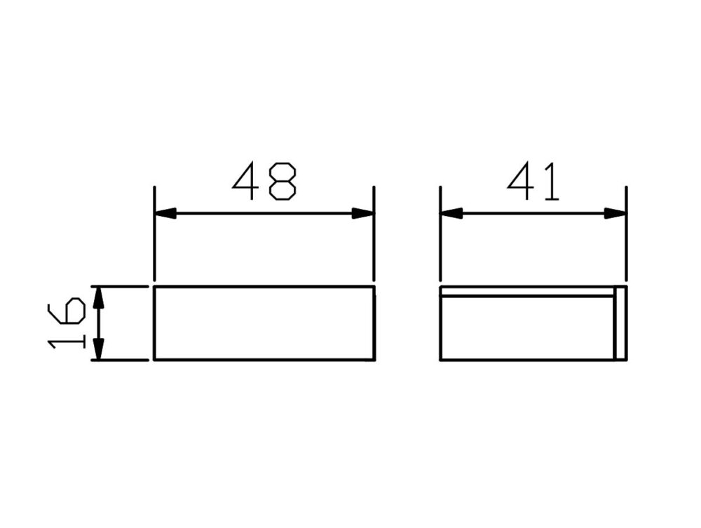Technische Zeichnung eines rechteckigen Objekts mit zwei Perspektiven: eine Vorderansicht mit den Maßen 48 Einheiten Breite und 16 Einheiten Höhe und eine Seitenansicht mit einer Breite von 41 Einheiten.