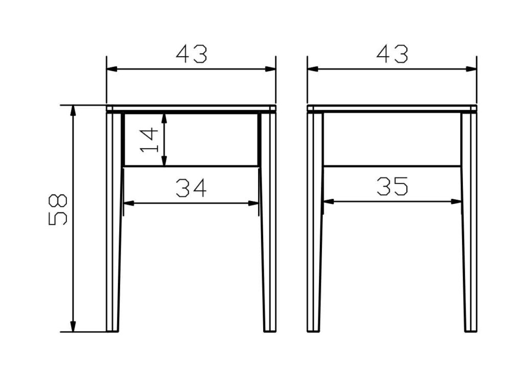 Technische Zeichnung eines Tisches, der von zwei Seiten gezeigt wird, mit den Maßen: Höhe 58 cm, Breite 43 cm, Tiefe 43 cm, Abstand zwischen den Beinen 34 cm und 35 cm und 14 cm von der Tischplatte bis zur unteren Auflage.