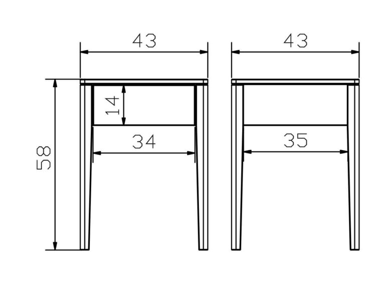 Technische Zeichnung eines Tisches, der von zwei Seiten gezeigt wird, mit den Maßen: Höhe 58 cm, Breite 43 cm, Tiefe 43 cm, Abstand zwischen den Beinen 34 cm und 35 cm und 14 cm von der Tischplatte bis zur unteren Auflage.