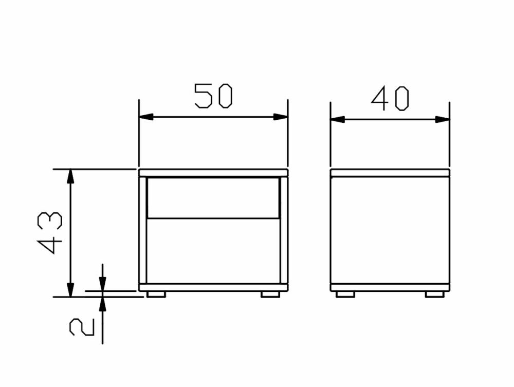 Technische Zeichnung eines rechteckigen Nachttisches mit zwei Seitenansichten und den Abmessungen: 50 cm breit, 40 cm tief und 43 cm hoch, mit einer Bodenfreiheit von 2 cm. Der Entwurf umfasst eine Schublade und minimalistische Füße.