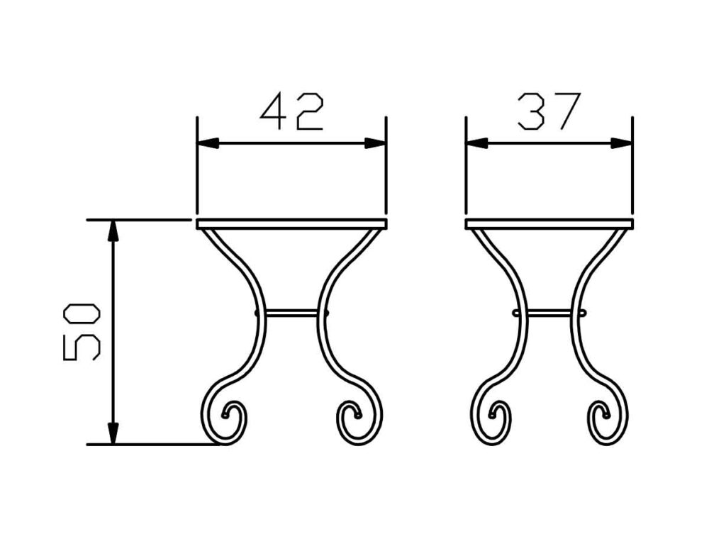 Strichzeichnung eines kleinen Tisches mit geschwungenen Beinen und den Abmessungen: 42 cm breit, 37 cm tief und 50 cm hoch. Es werden Vorder- und Seitenansichten gezeigt.