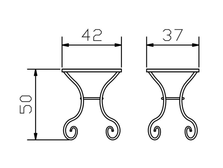 Strichzeichnung eines kleinen Tisches mit geschwungenen Beinen und den Abmessungen: 42 cm breit, 37 cm tief und 50 cm hoch. Es werden Vorder- und Seitenansichten gezeigt.