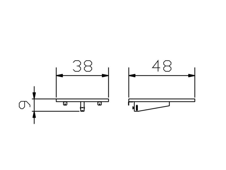 Technische Zeichnung mit zwei Seitenansichten eines rechteckigen Objekts. Die linke Ansicht zeigt eine Breite von 38 Einheiten, während die rechte Ansicht eine Breite von 48 Einheiten zeigt. In beiden Ansichten sind tragende Bauteile unterhalb der Hauptfläche zu sehen.