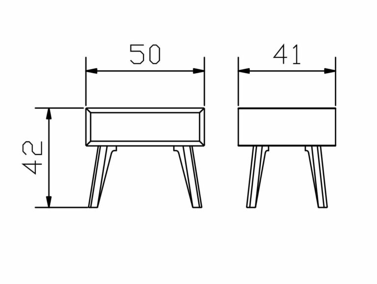 Strichzeichnung eines kleinen Tisches oder Hockers mit vier abgewinkelten Beinen, dargestellt von vorne und von der Seite. Die Maße sind beschriftet: 50 cm breit, 41 cm tief und 42 cm hoch.