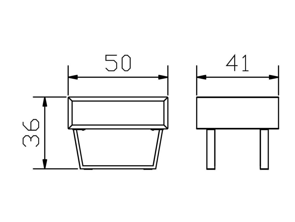 Technische Zeichnung eines rechteckigen Objekts mit den Abmessungen: Breite 50 mm, Höhe 36 mm und Seitenlänge 41 mm. Es sind zwei Ansichten dargestellt: Vorder- und Seitenansicht, wobei die Beine in der Seitenansicht sichtbar sind.